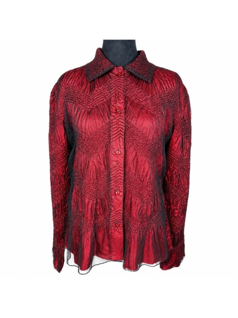 Coldwater Creek Red Crinkle Button-Up Top Lightweight Textured Chevron Medium